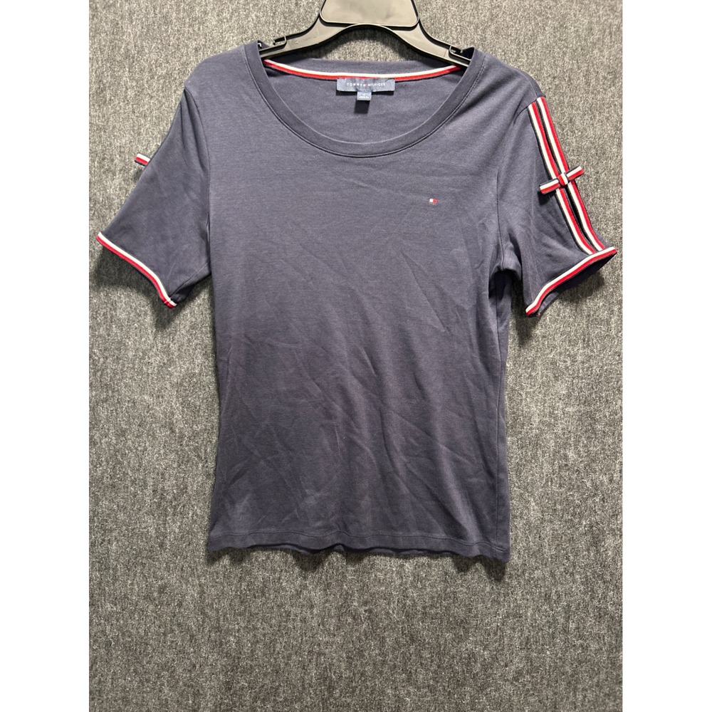 Tommy Hilfiger T-Shirt Womens Medium Navy Blue Bow Sleeve Nautical Preppy Cotton